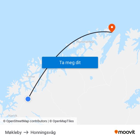 Møkleby to Honningsvåg map