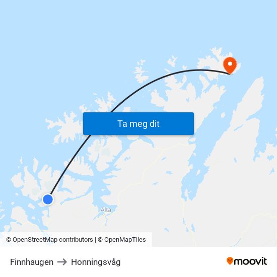 Finnhaugen to Honningsvåg map