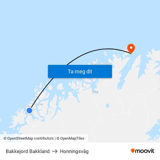 Bakkejord Bakkland to Honningsvåg map