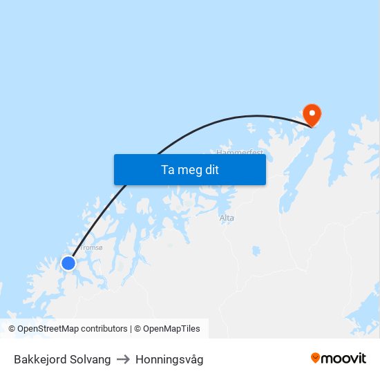 Bakkejord Solvang to Honningsvåg map