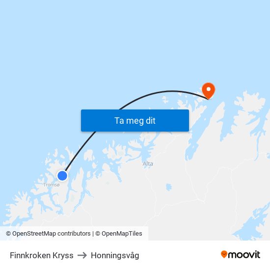 Finnkroken Kryss to Honningsvåg map