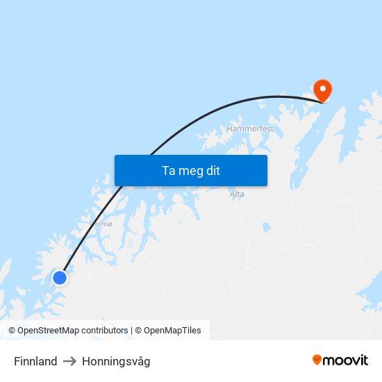 Finnland to Honningsvåg map