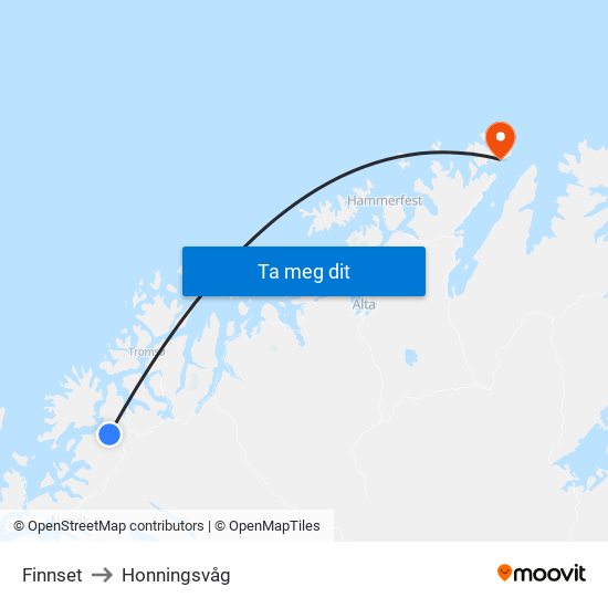 Finnset to Honningsvåg map