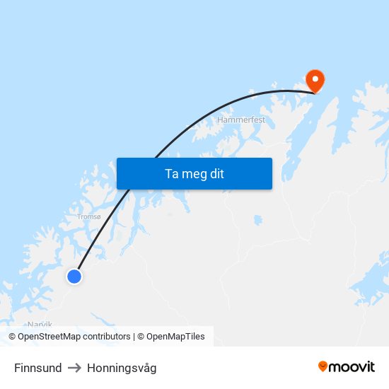 Finnsund to Honningsvåg map