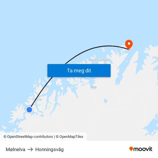 Mølnelva to Honningsvåg map