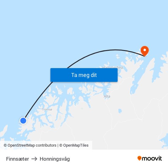 Finnsæter to Honningsvåg map
