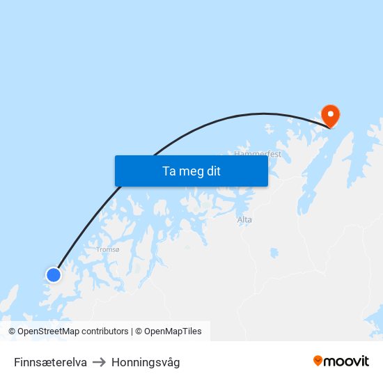 Finnsæterelva to Honningsvåg map