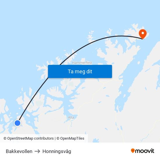 Bakkevollen to Honningsvåg map