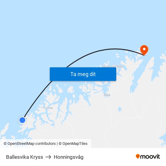 Ballesvika Kryss to Honningsvåg map