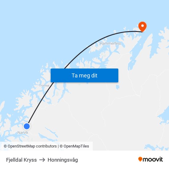 Fjelldal Kryss to Honningsvåg map