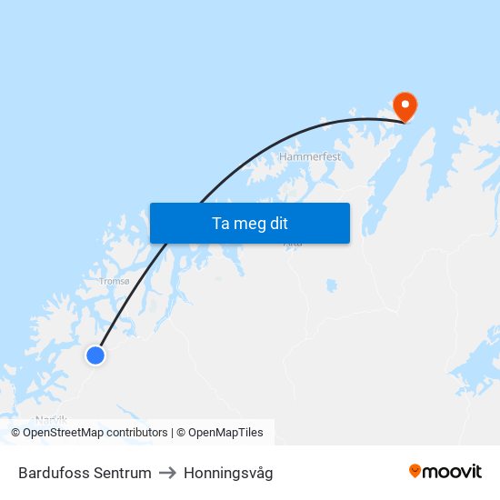 Bardufoss Sentrum to Honningsvåg map
