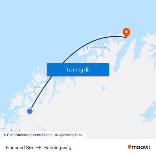 Finnsund Sør to Honningsvåg map