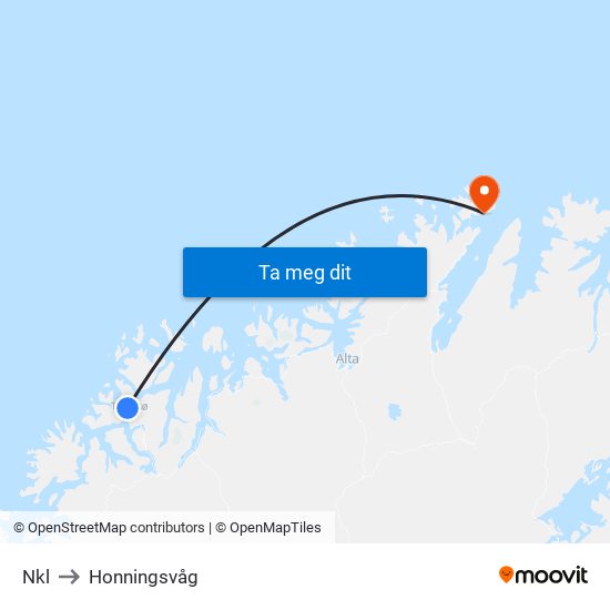 Nkl to Honningsvåg map