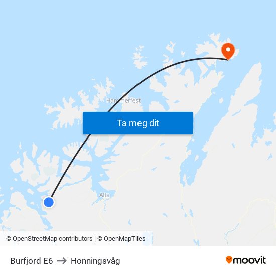 Burfjord E6 to Honningsvåg map