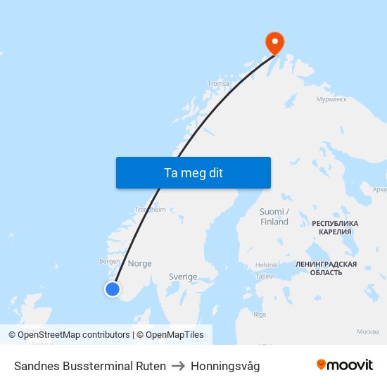 Sandnes Bussterminal Ruten to Honningsvåg map