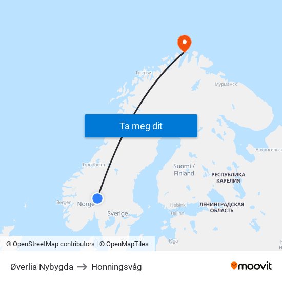 Øverlia Nybygda to Honningsvåg map