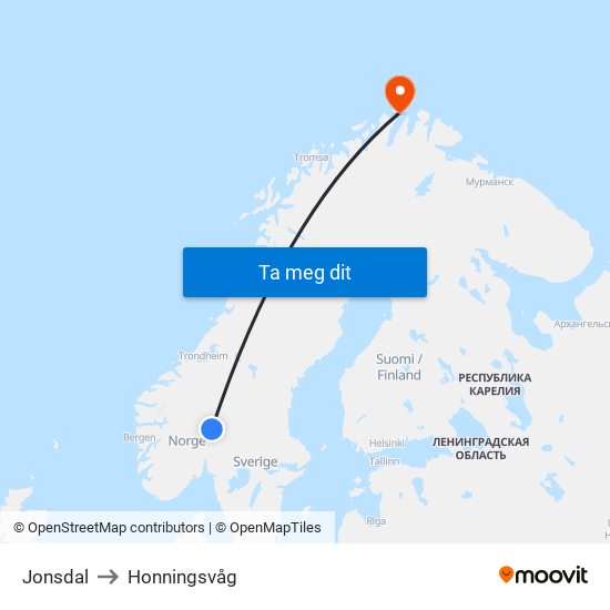 Jonsdal to Honningsvåg map