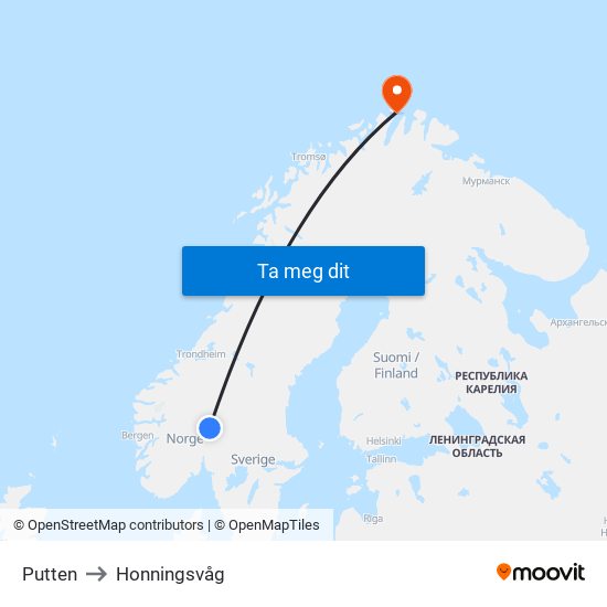 Putten to Honningsvåg map