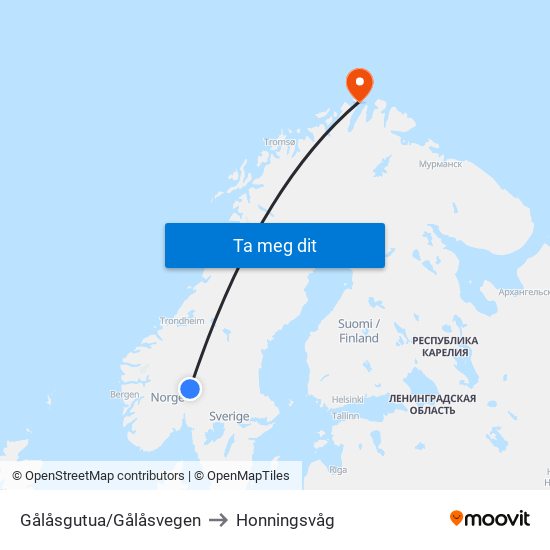 Gålåsgutua/Gålåsvegen to Honningsvåg map