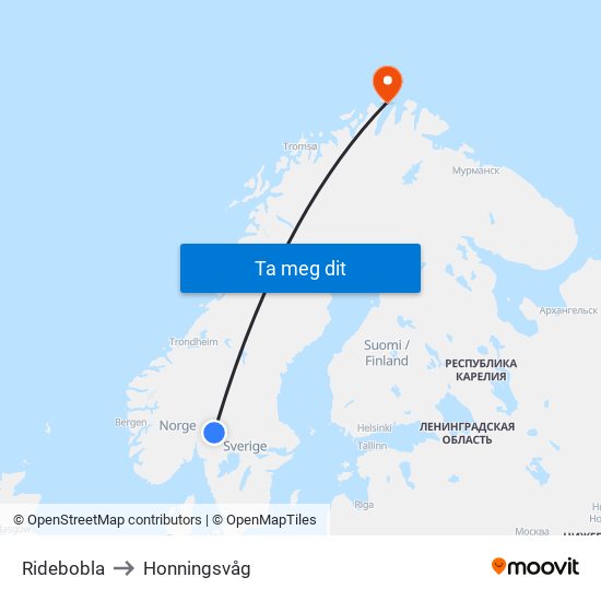 Ridebobla to Honningsvåg map