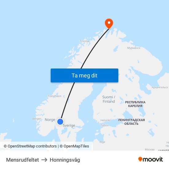 Mensrudfeltet to Honningsvåg map