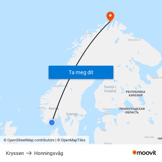 Kryssen to Honningsvåg map