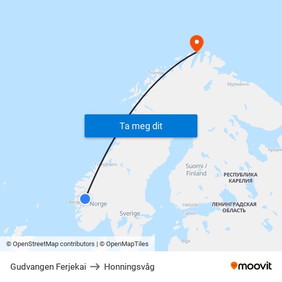 Gudvangen Ferjekai to Honningsvåg map