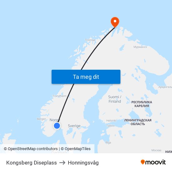 Kongsberg Diseplass to Honningsvåg map