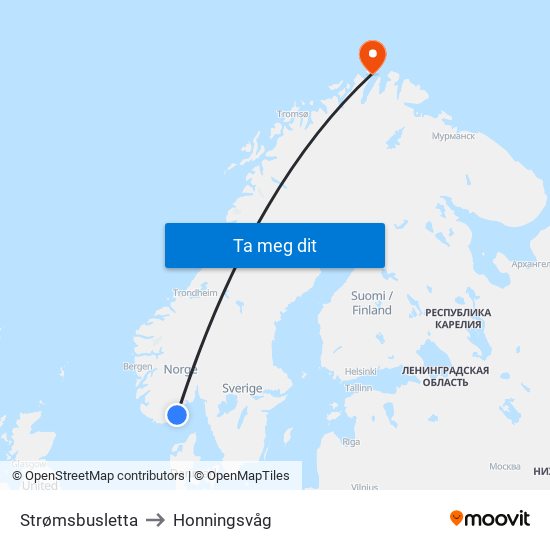 Strømsbusletta to Honningsvåg map