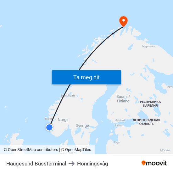 Haugesund Bussterminal to Honningsvåg map