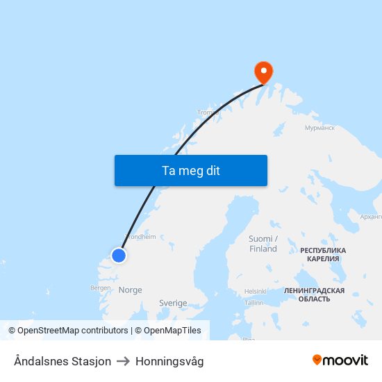 Åndalsnes Stasjon to Honningsvåg map