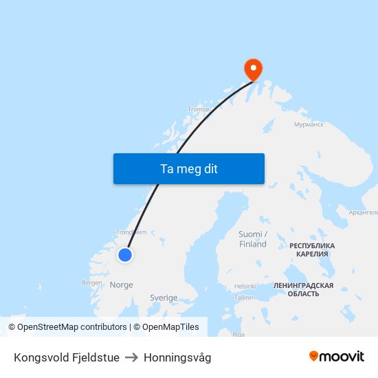 Kongsvold Fjeldstue to Honningsvåg map