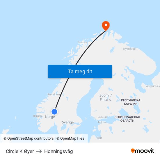 Circle K Øyer to Honningsvåg map