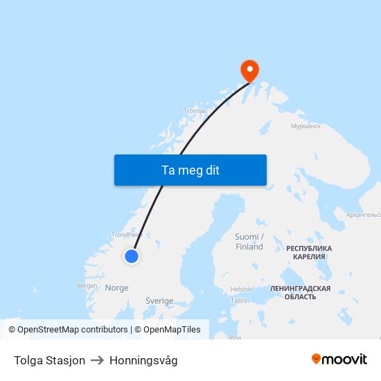 Tolga Stasjon to Honningsvåg map