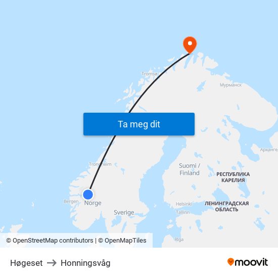 Høgeset to Honningsvåg map