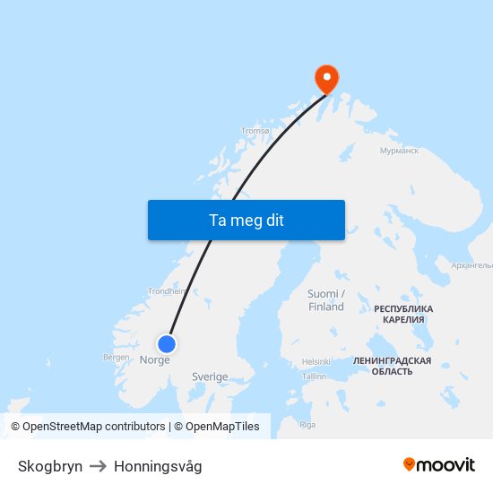 Skogbryn to Honningsvåg map
