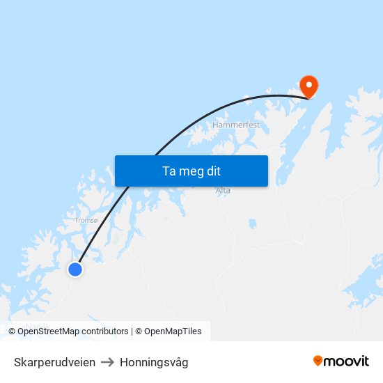 Skarperudveien to Honningsvåg map