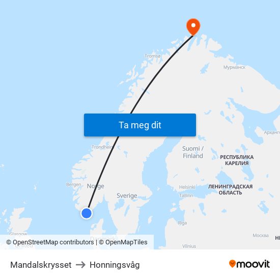 Mandalskrysset to Honningsvåg map