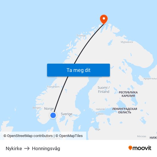 Nykirke to Honningsvåg map