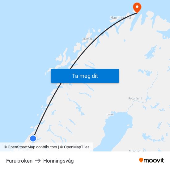 Furukroken to Honningsvåg map