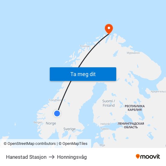 Hanestad Stasjon to Honningsvåg map