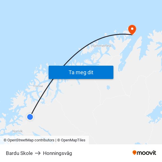 Bardu Skole to Honningsvåg map