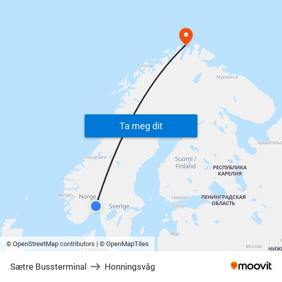 Sætre Bussterminal to Honningsvåg map