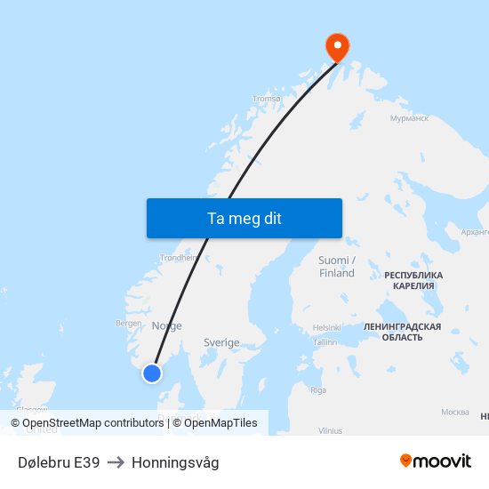 Dølebru E39 to Honningsvåg map