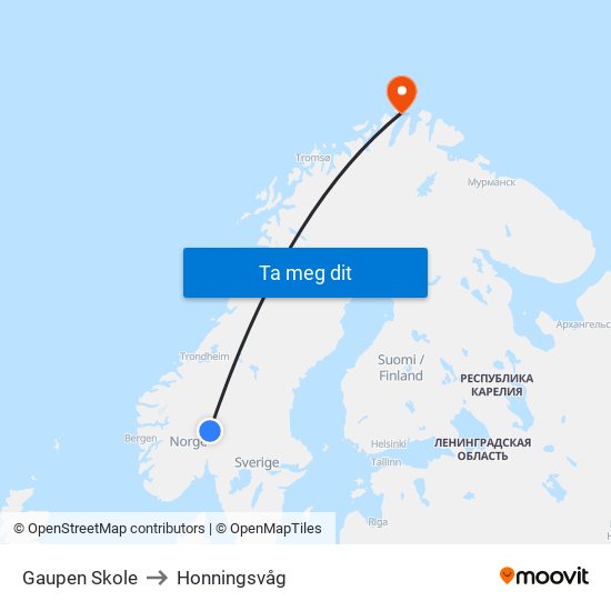 Gaupen Skole to Honningsvåg map