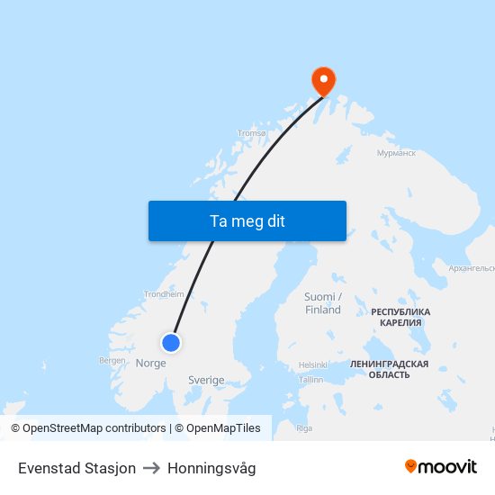 Evenstad Stasjon to Honningsvåg map