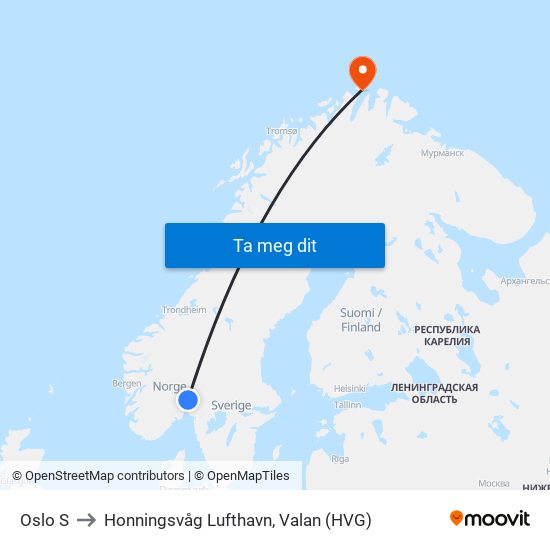 Oslo S to Honningsvåg Lufthavn, Valan (HVG) map