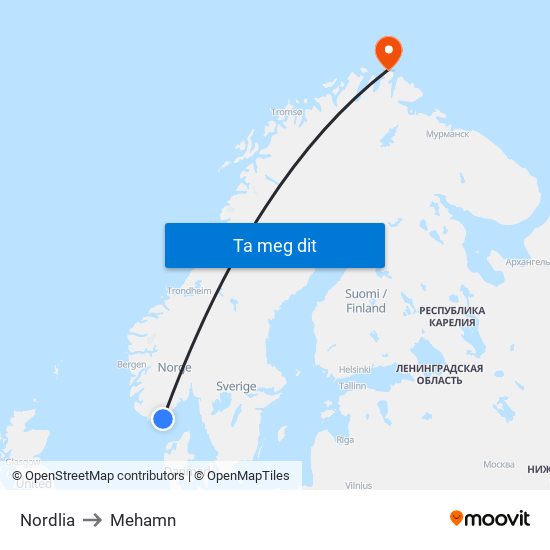 Nordlia to Mehamn map