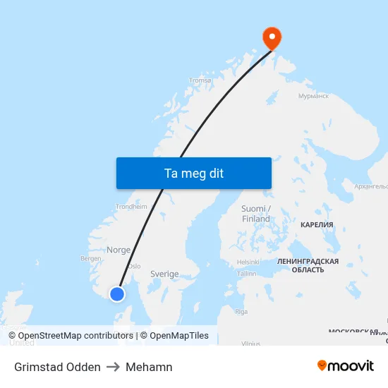 Grimstad Odden to Mehamn map