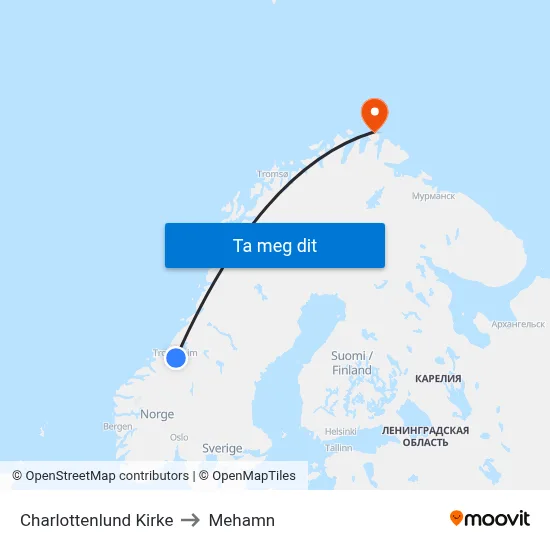 Charlottenlund Kirke to Mehamn map